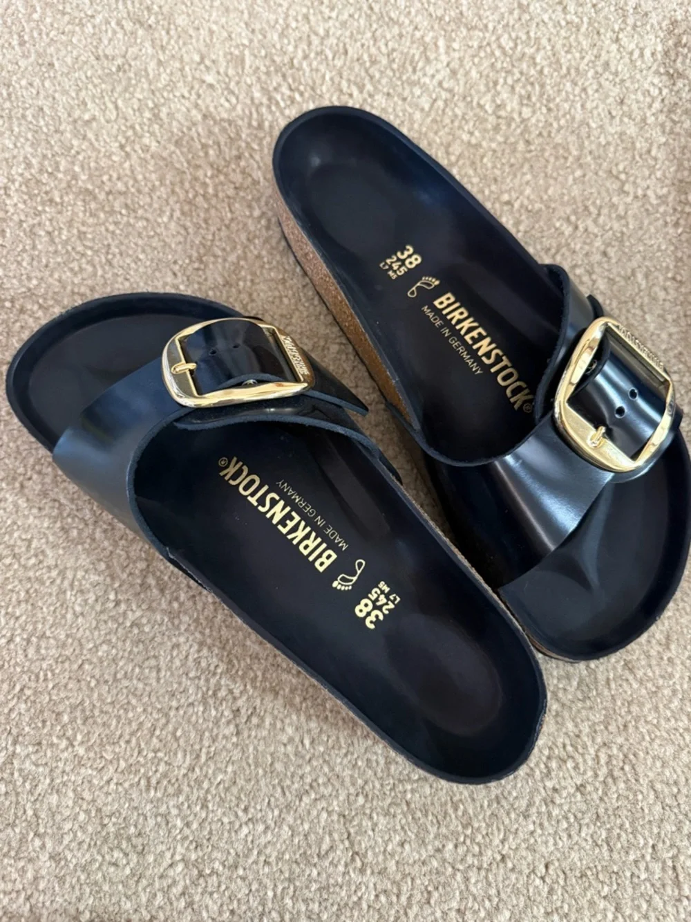 Birkenstock Madrid Big Buckle Sandal - High Shine Black with Gold Buckle